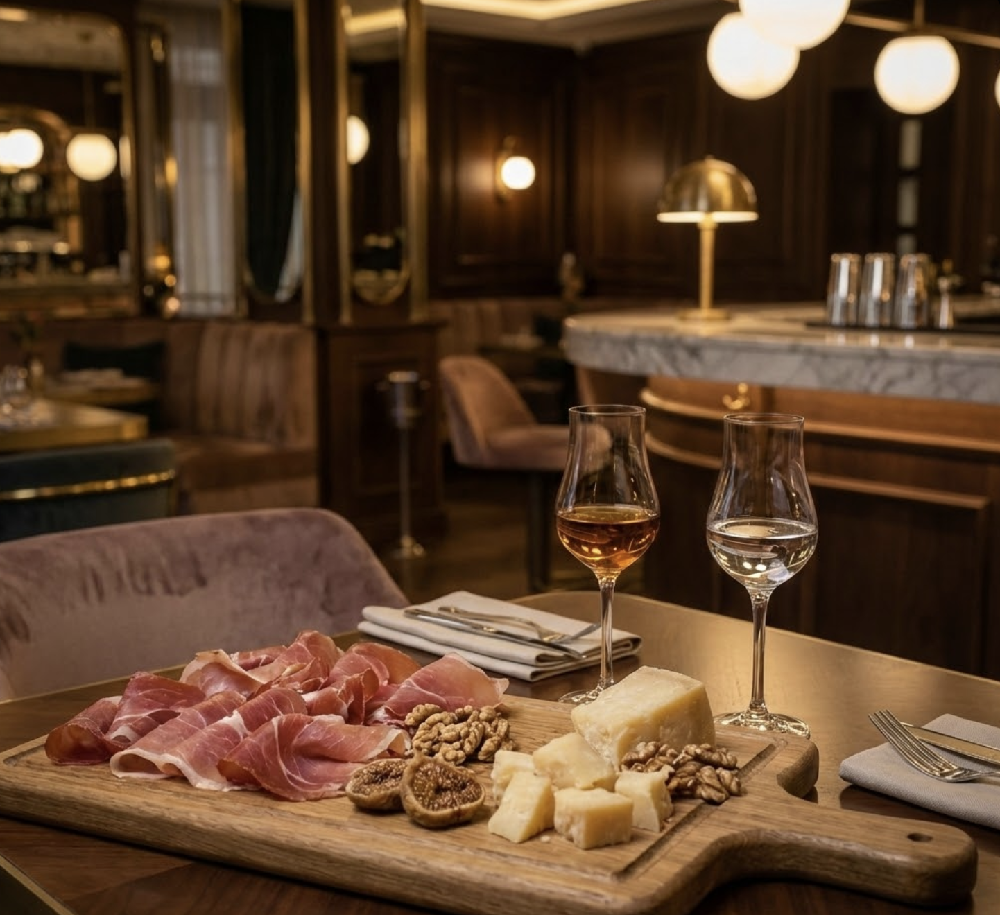 Iskra Šljiva rakija servirana uz platu sa pršutom, tvrdim sirom, orasima i suvim smokvama u rustičnom ambijentu